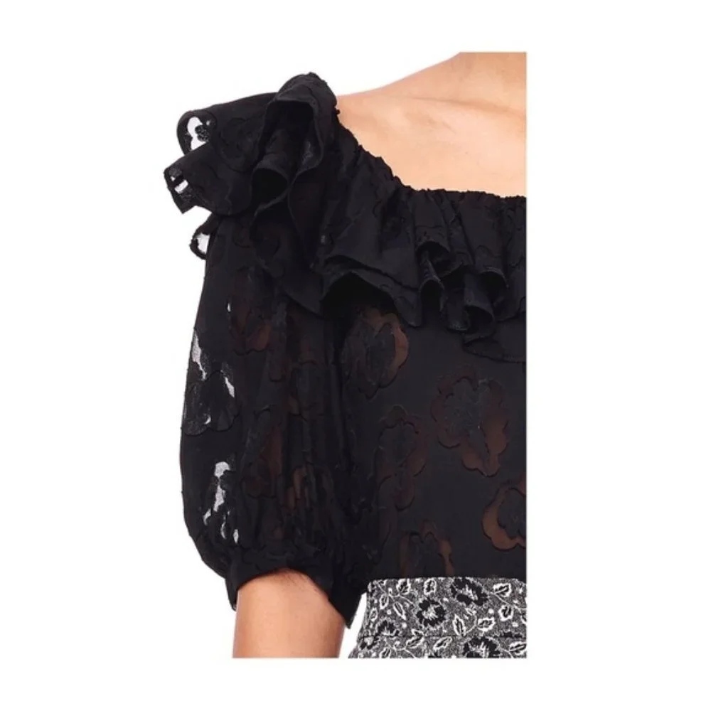 Rebecca Taylor Satin Jacquard Ruffle Top Blouse sz 0 XS - Picture 14 of 14